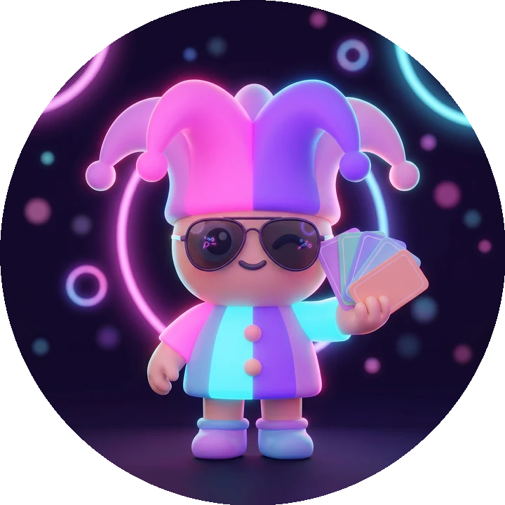 La mascotte Pliko Night, un petit bouffon néon à lunettes de soleil tenant des cartes
